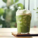iced matcha latte maison dans un verre avec glaçons