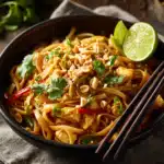 Poulet Pad Thaï recette sur assiette en bois