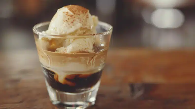 Recette affogato dans un verre transparent avec glace vanille fondue sous espresso chaud