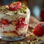 Tiramisu fraise pistache servi en plat familial avec crème et pistaches