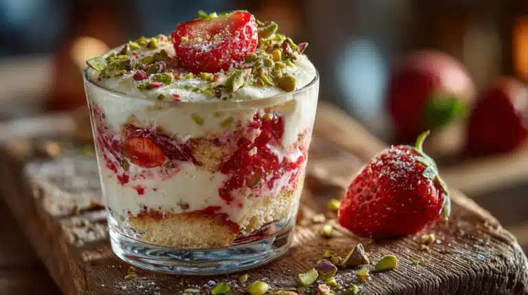 Tiramisu fraise pistache servi en plat familial avec crème et pistaches