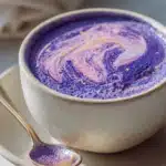 L'ube latte dans une tasse blanche, couleur violette naturelle