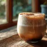 hojicha latte dans une tasse artisanale