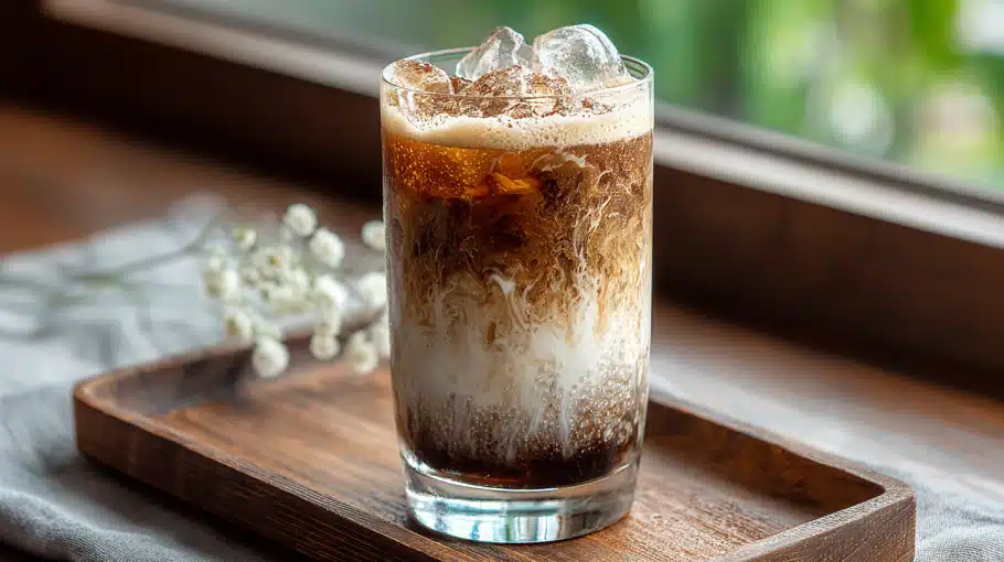 hojicha-latte-step-iced hojicha latte glacé superposé