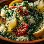 taboulé de chou fleur servi en gros plan avec herbes et citron