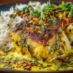 Cabillaud au curry servi avec riz basmati