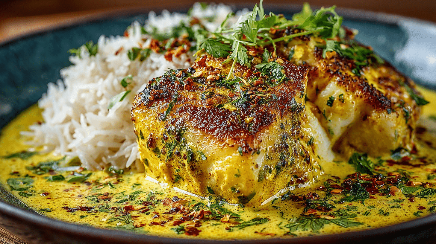 Cabillaud au curry servi avec riz basmati