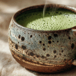matcha latte chaud dans un bol en céramique avec mousse onctueuse