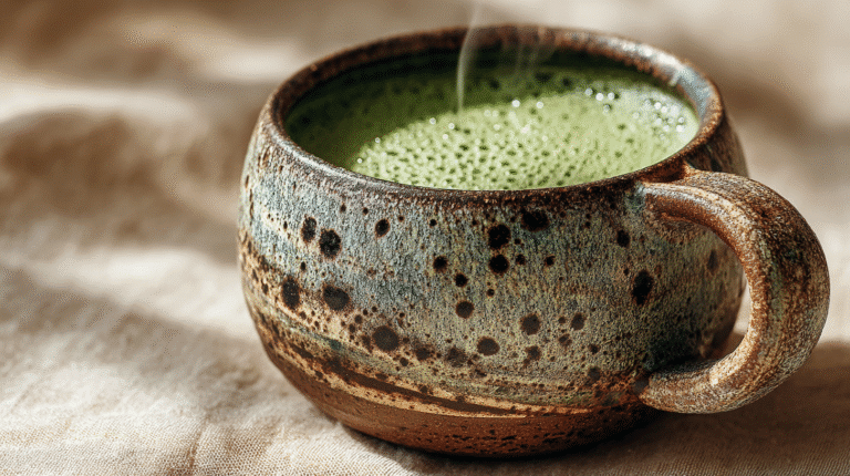 matcha latte chaud dans un bol en céramique avec mousse onctueuse