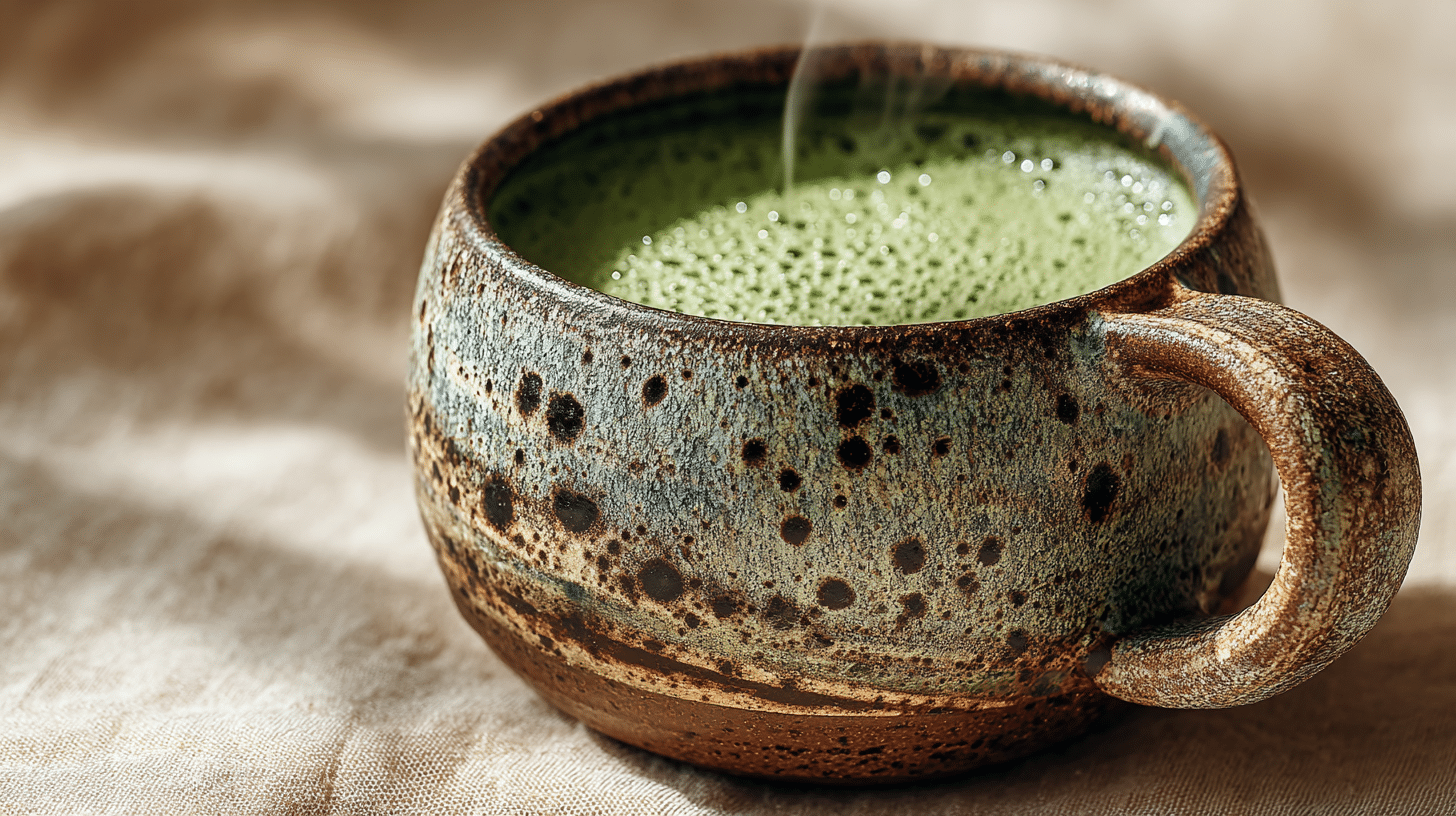 matcha latte chaud dans un bol en céramique avec mousse onctueuse