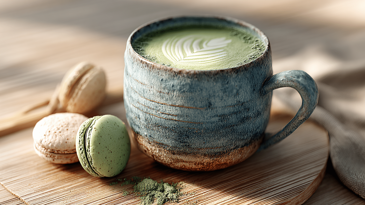 matcha latte servi avec pâtisseries françaises