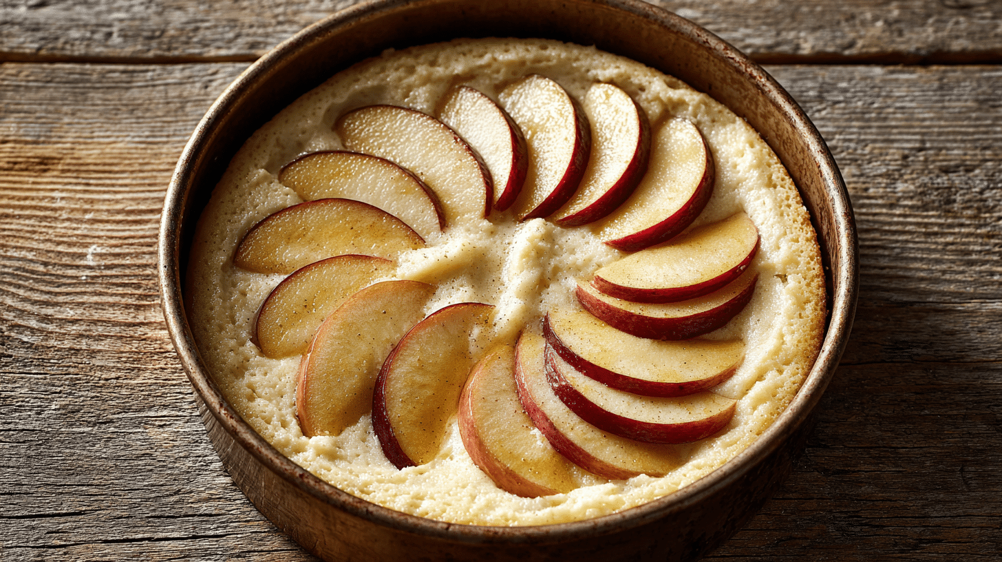 pâte à gâteau aux pommes dans un moule rond
