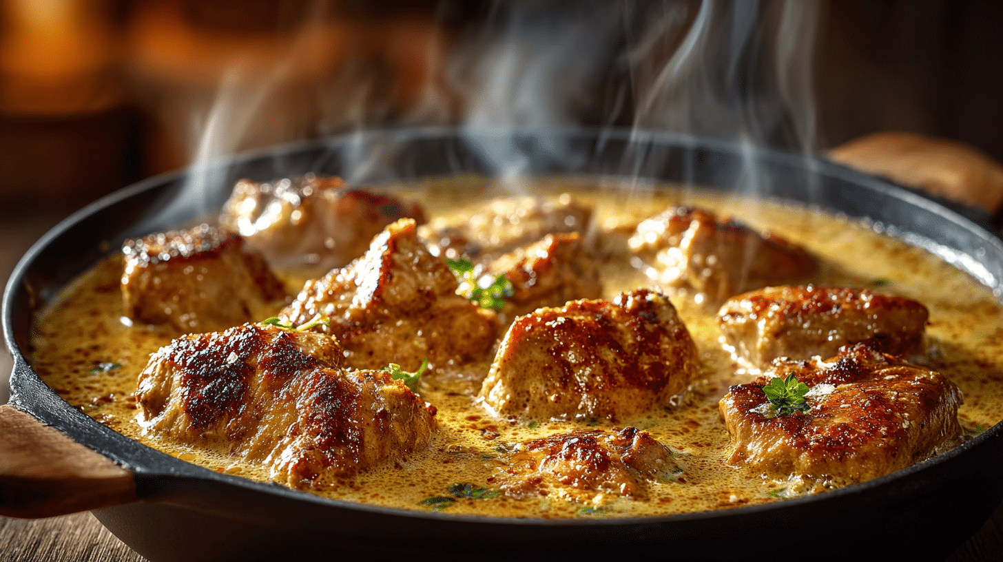 Sauce crémeuse du poulet en train de mijoter