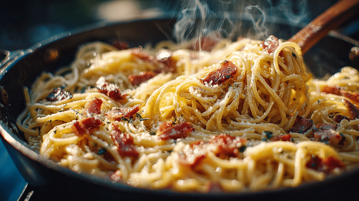 Mélange hors du feu de la pâte carbonara halal