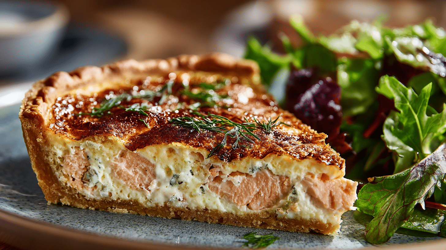 Part de quiche au saumon servie avec une salade