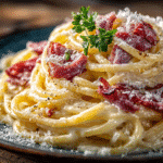 Vrai Pâte carbonara halal crémeuse avec viande séchée