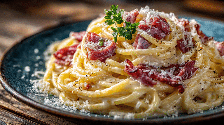 Vrai Pâte carbonara halal crémeuse avec viande séchée
