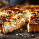 Quiche au saumon dorée sortie du four sur une table rustique