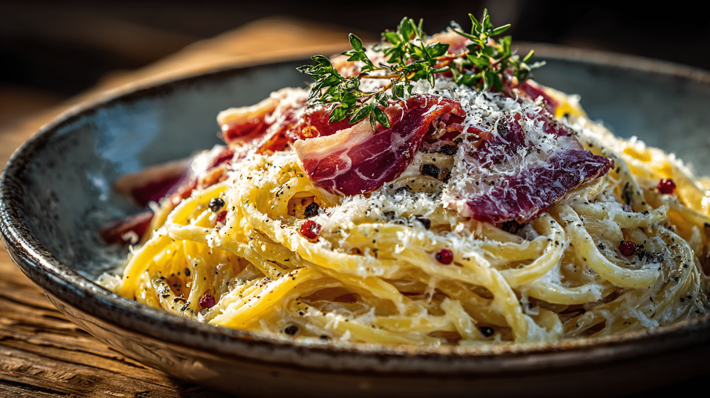Pâte carbonara halal servie avec fromage et poivre noir