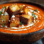 Soupe au poivron servie avec croûtons et crème