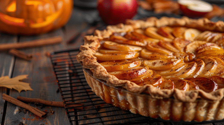 Tarte aux pommes citrouille dorée et parfumée à la cannelle - dessert d’Halloween facile et gourmand