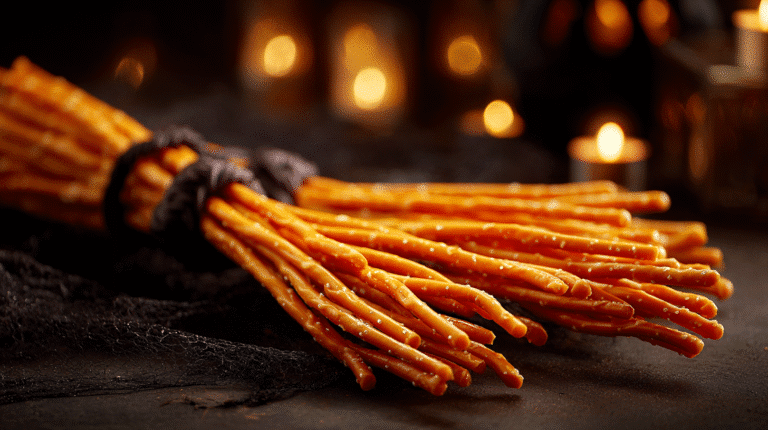 balais de sorcière en bretzels et ficello, apéritif d’Halloween amusant