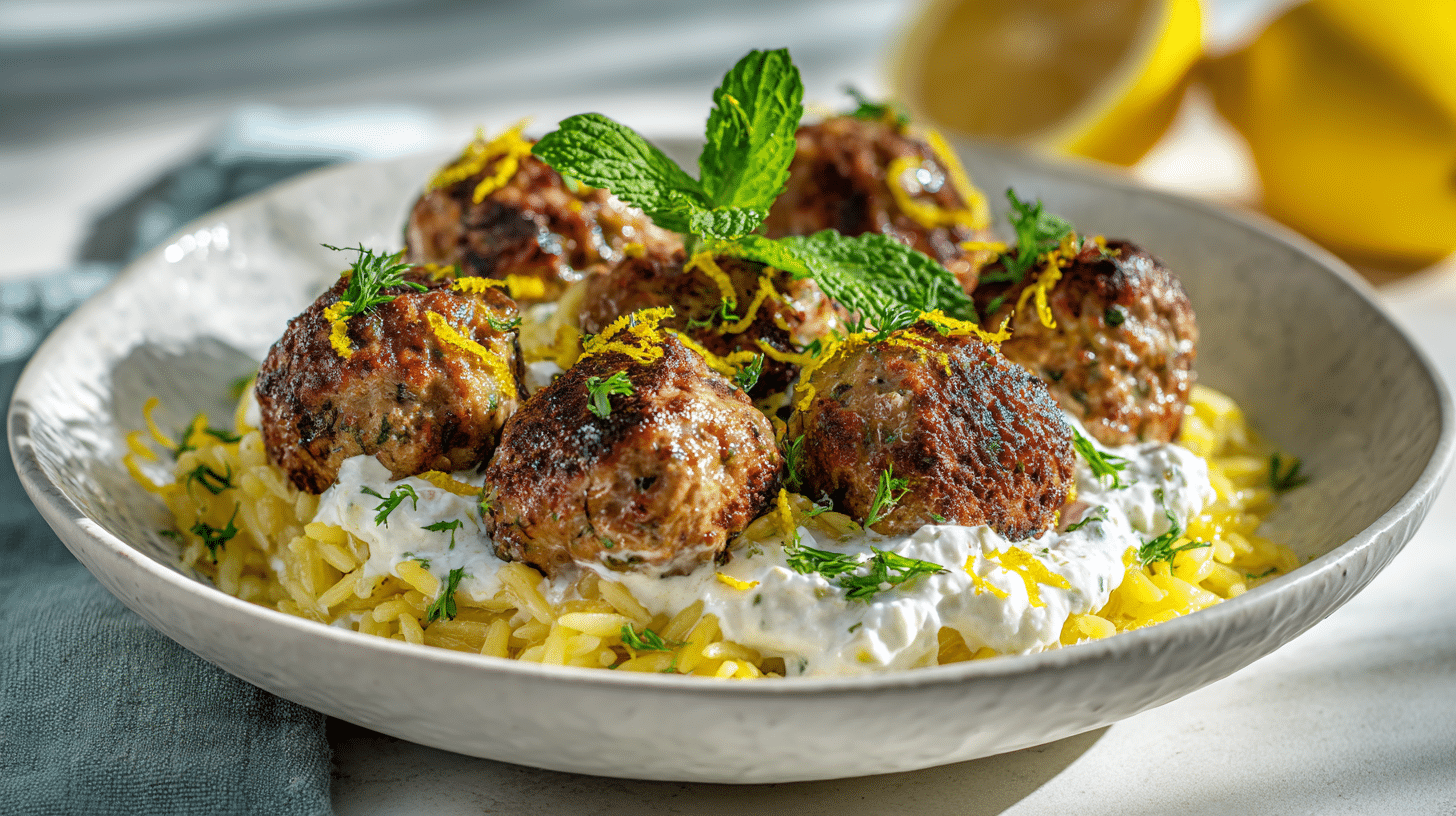 boulettes grecques orzo citron avec crème de feta onctueuse