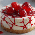Cheesecake marbré toile d’araignée au coulis de fruits rouges, dessert crémeux d’Halloween