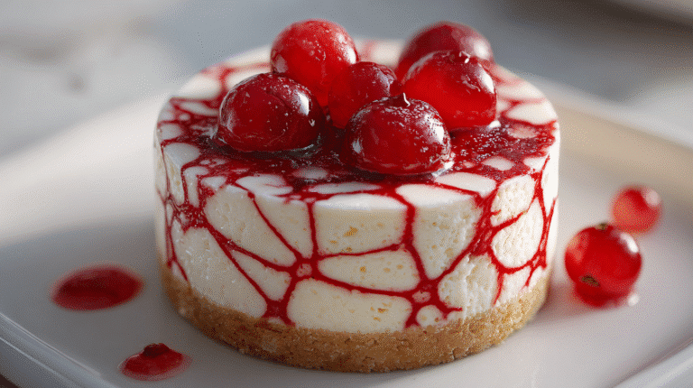 Cheesecake marbré toile d’araignée au coulis de fruits rouges, dessert crémeux d’Halloween