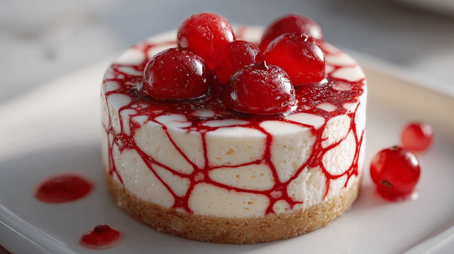 Cheesecake marbré toile d’araignée au coulis de fruits rouges, dessert crémeux d’Halloween