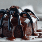 Cake araignée Halloween au chocolat décoré de toile de sucre et pattes en bonbon