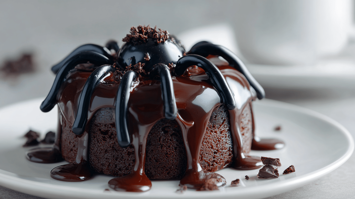 Cake araignée Halloween au chocolat décoré de toile de sucre et pattes en bonbon