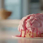 gâteau cerveau fraise vanille avec glaçage rose et coulis rouge