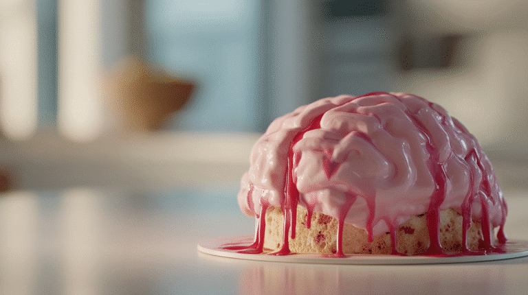 gâteau cerveau fraise vanille avec glaçage rose et coulis rouge