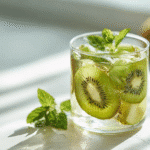 jus detox pomme kiwi gingembre avec menthe, verre glacé, photo lumineuse