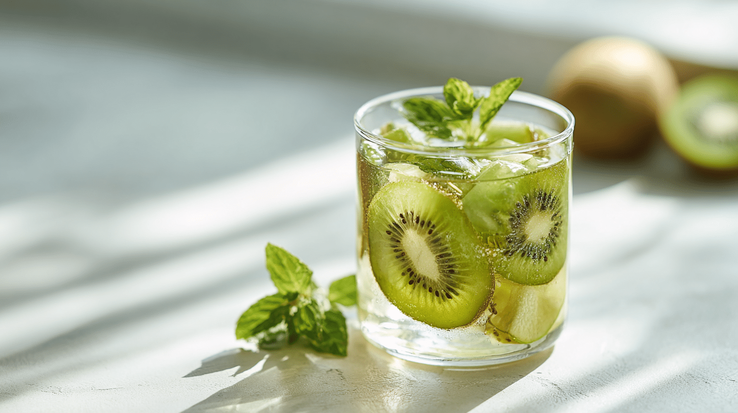 jus detox pomme kiwi gingembre avec menthe, verre glacé, photo lumineuse