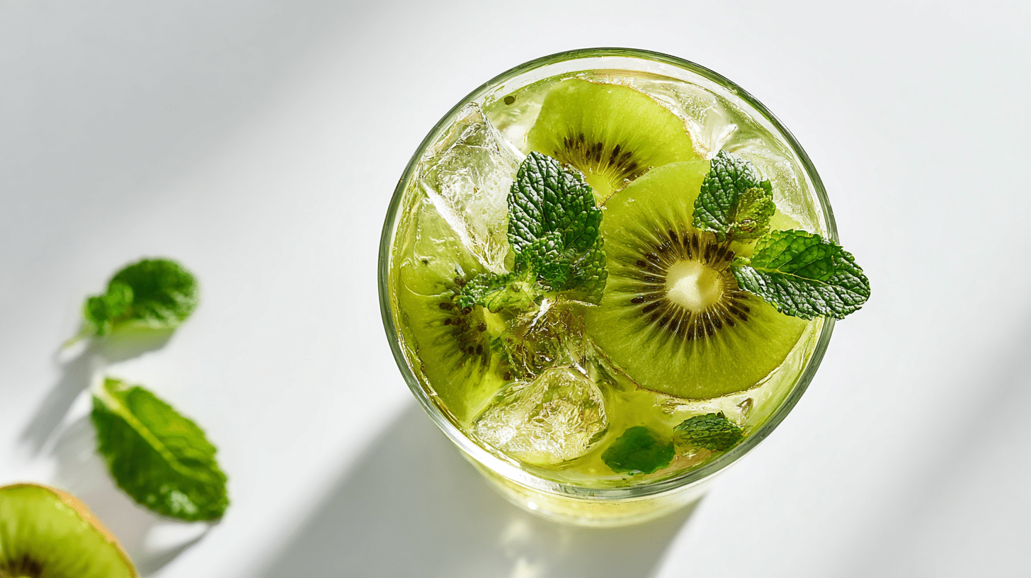 jus detox pomme kiwi gingembre vu de dessus avec menthe et kiwi sur fond blanc minimal