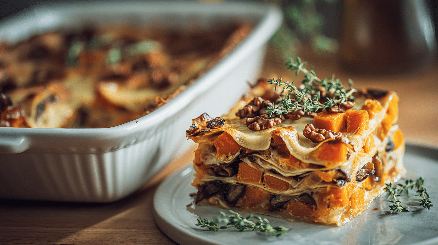 Part de lasagnes butternut champignons faciles, couches visibles et gratin doré, thym frais