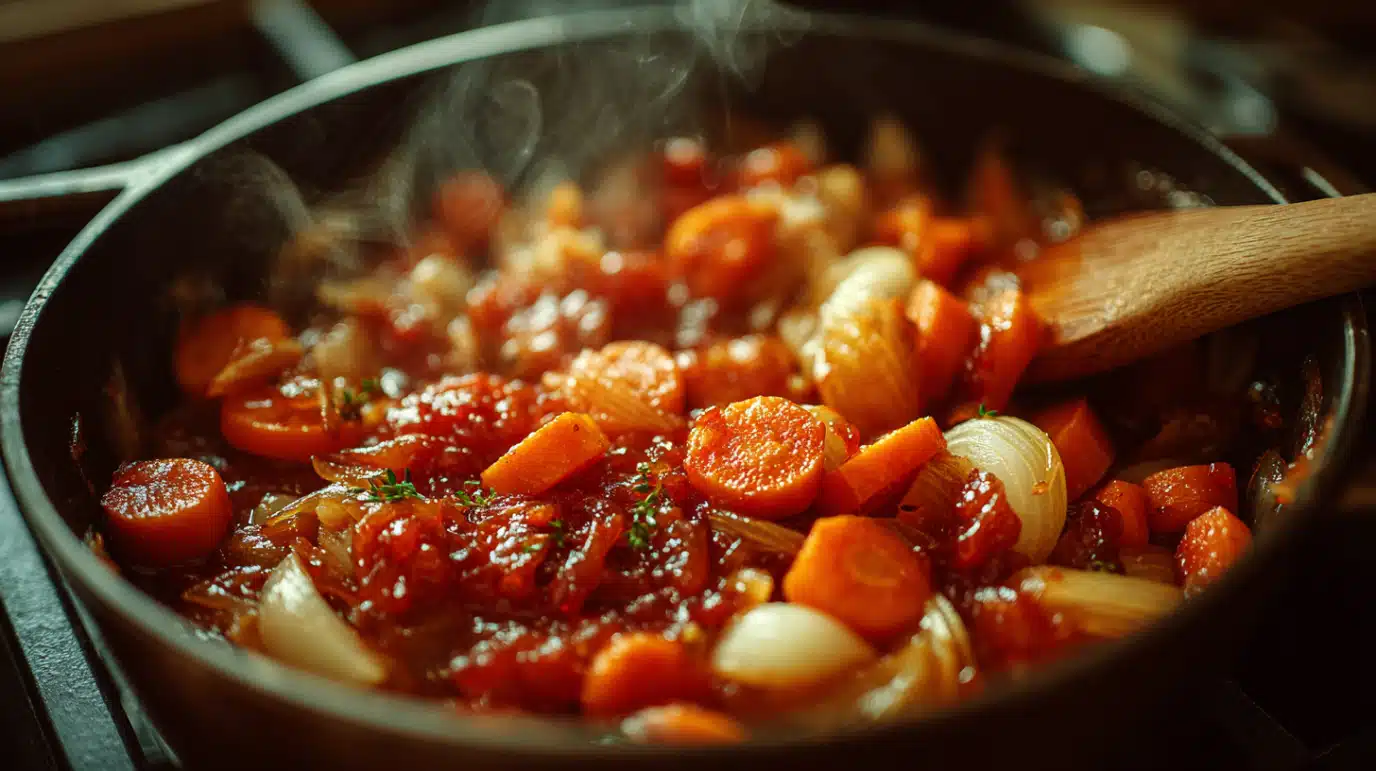 mijotage-boeuf-bourguignon-sans-alcool cuisson lente du bœuf bourguignon sans vin dans cocotte en fonte