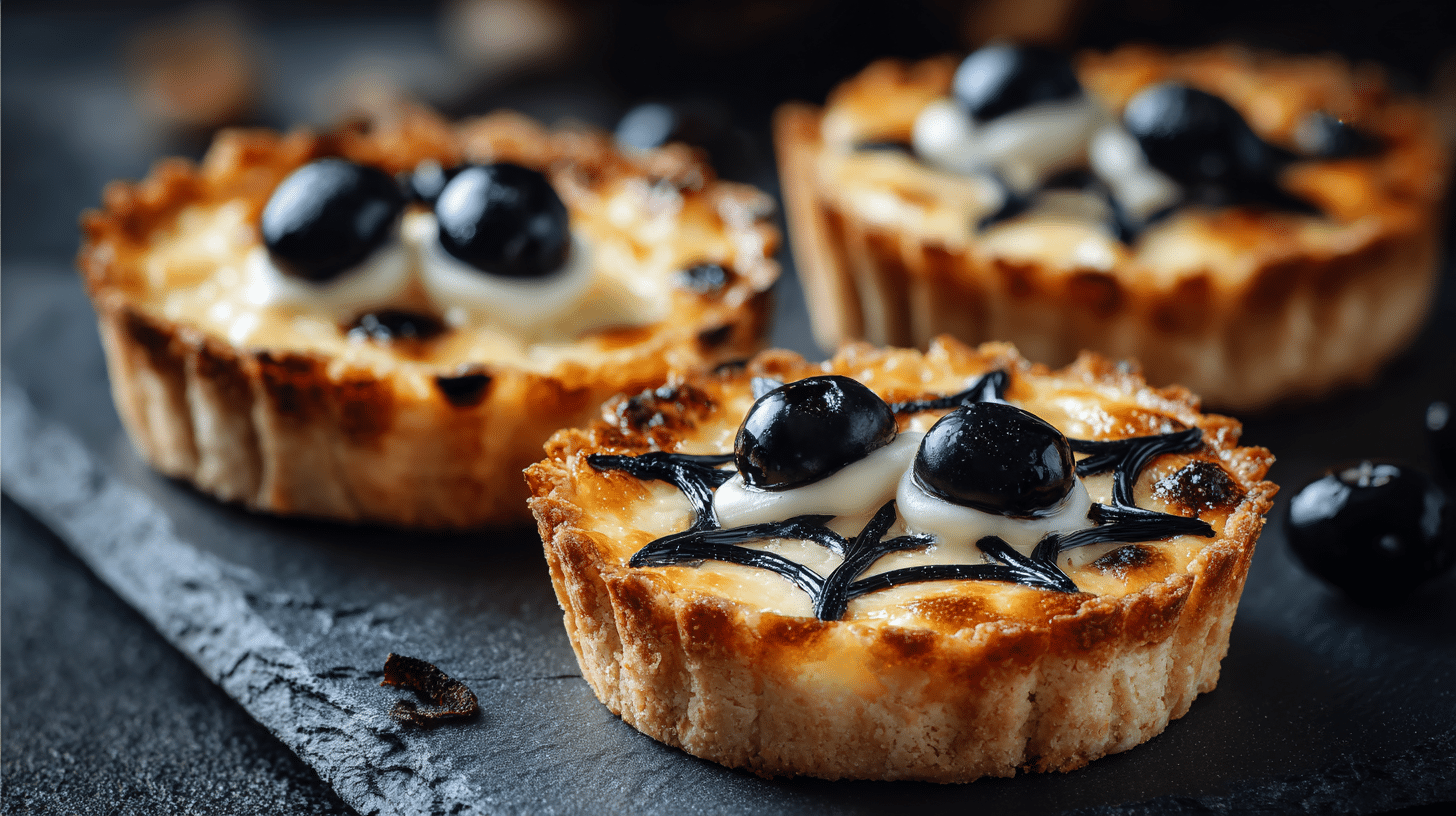 mini quiches toile d’araignée crème olive Halloween