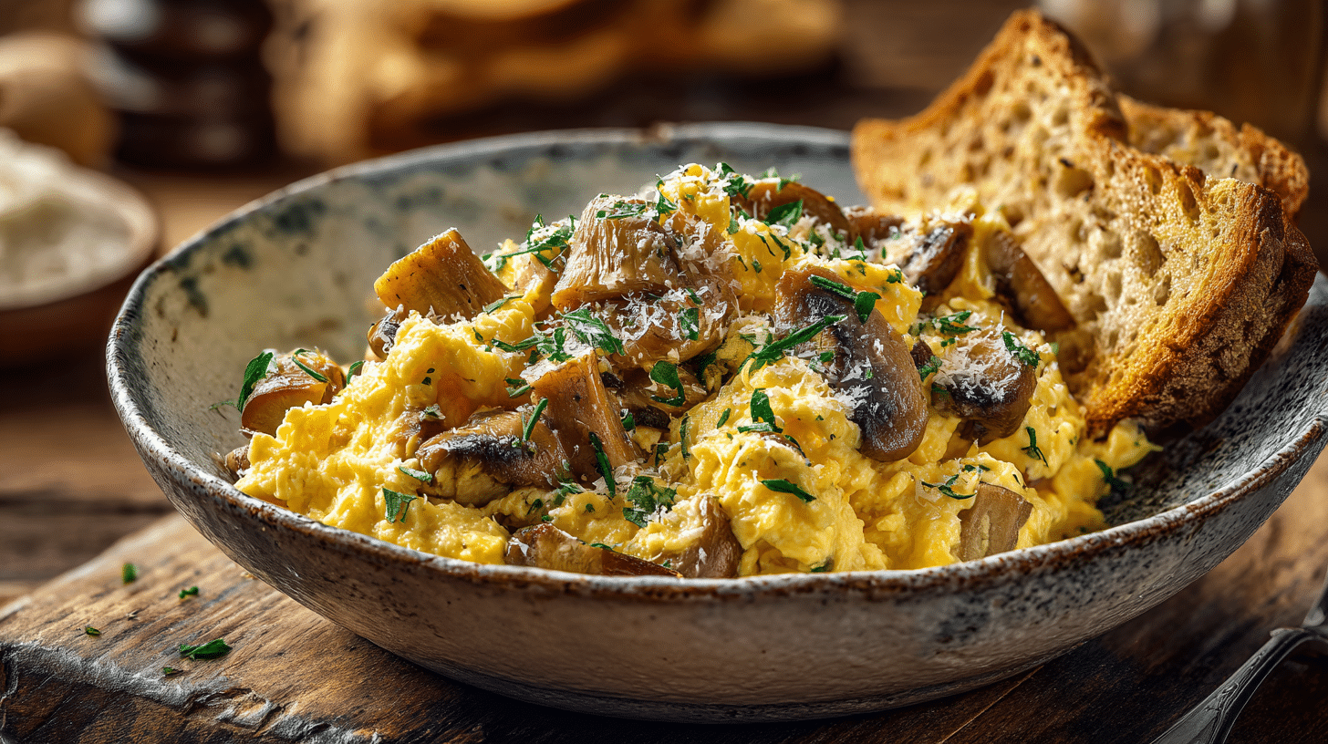 Œufs brouillés crémeux aux champignons et parmesan, recette automnale française facile