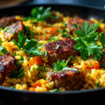 Poelee riz chipolatas legumes dans une poêle noire avec légumes colorés
