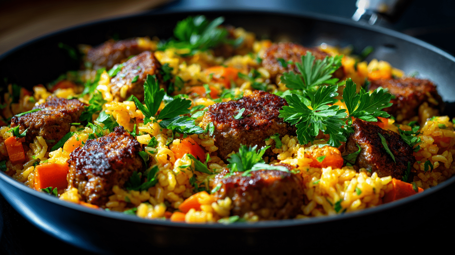 Poelee riz chipolatas legumes dans une poêle noire avec légumes colorés
