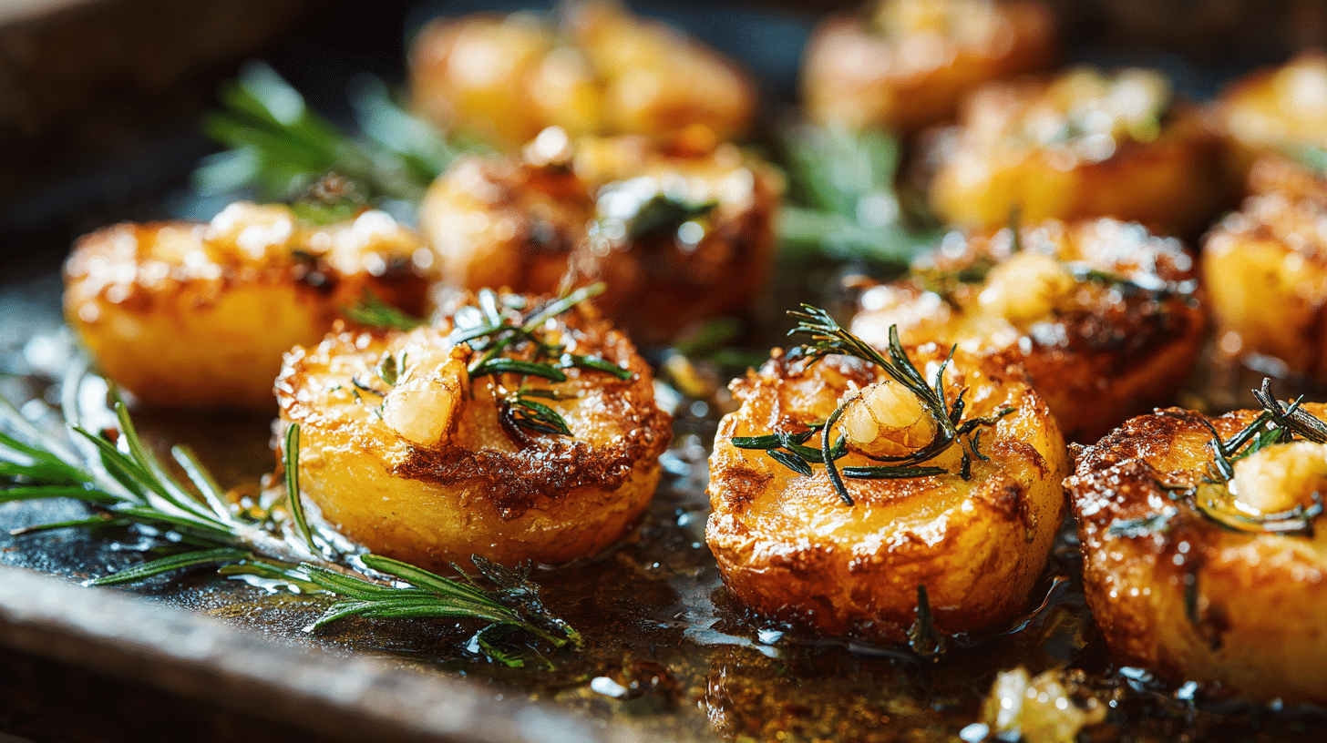 pommes de terre rôties croustillantes à l’ail et au romarin, dorées et fondantes
