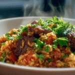 riz chorizo tomate facon one-pot dans un bol blanc, recette automnale réconfortante