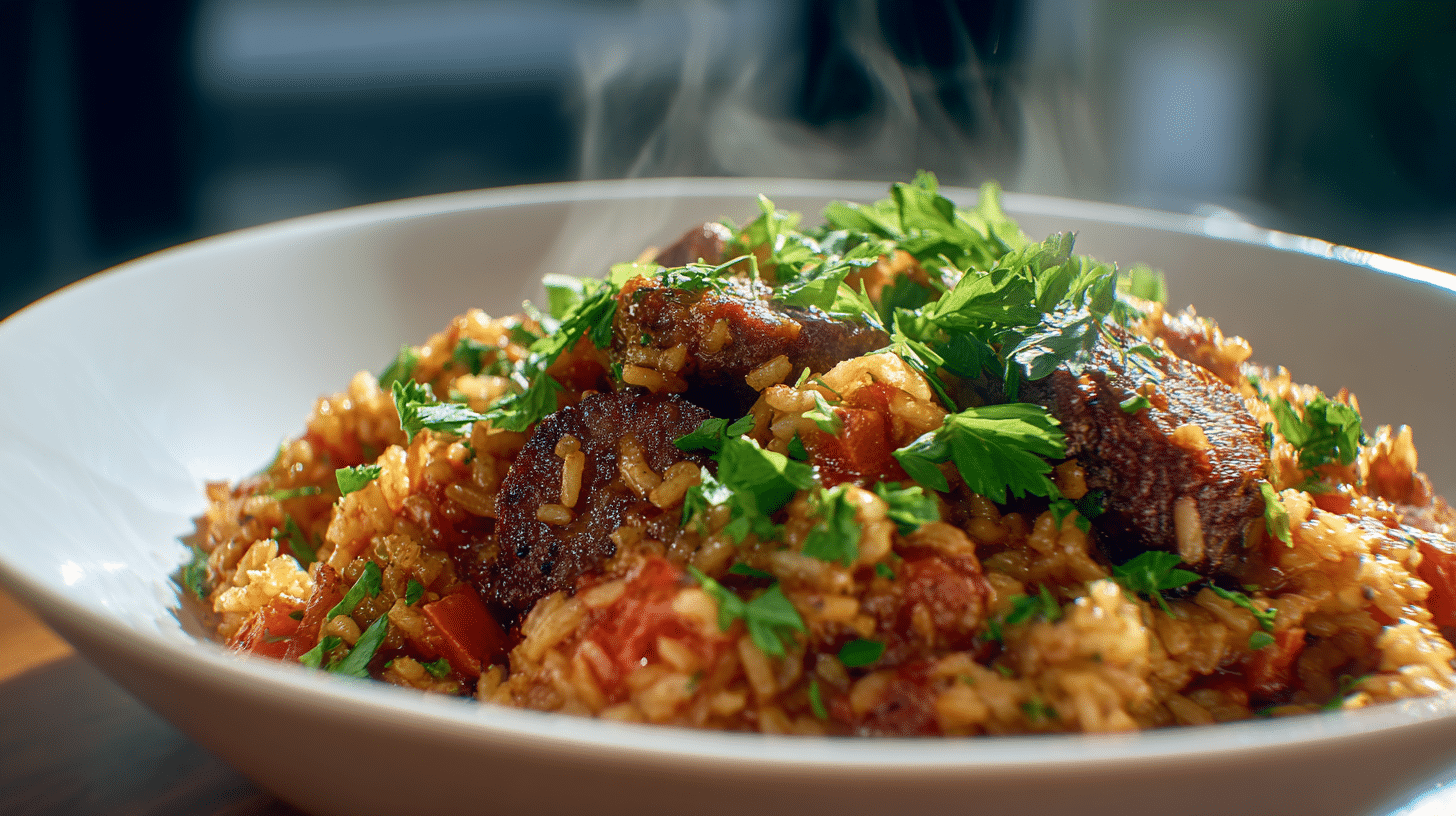 riz chorizo tomate facon one-pot dans un bol blanc, recette automnale réconfortante