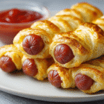 saucisses momies feuilletage dorées sur assiette blanche pour Halloween