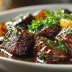 service du bœuf bourguignon sans vin dans une assiette blanche