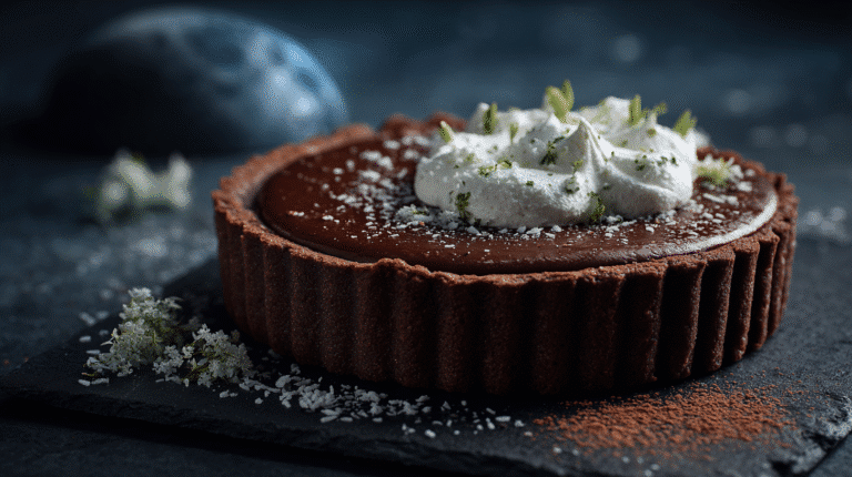 Tarte cacao panna cotta coco vegan au style nuit d’Halloween