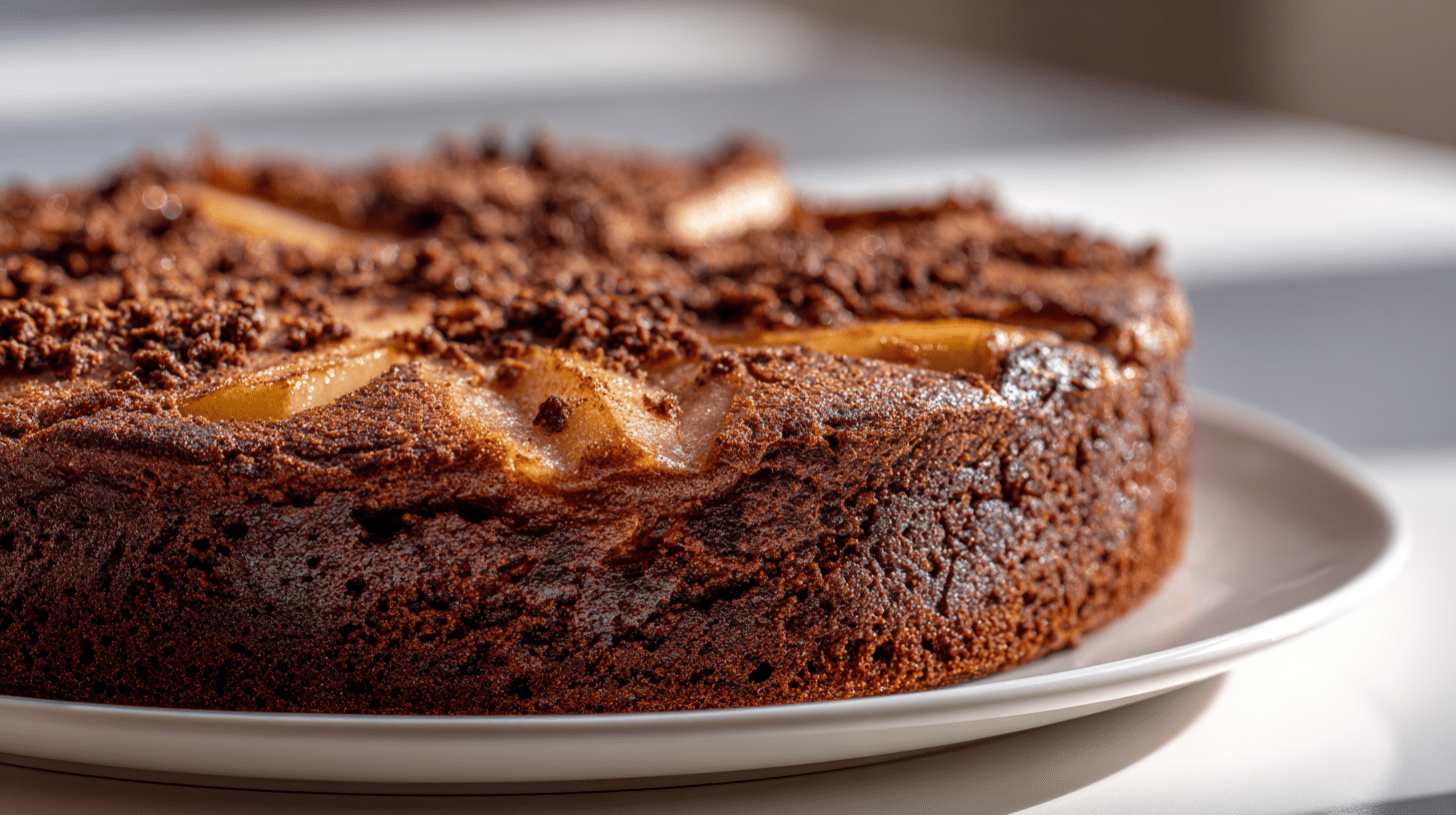 Gâteau crousti-fondant poire chocolat – base cacao, éclats pralin